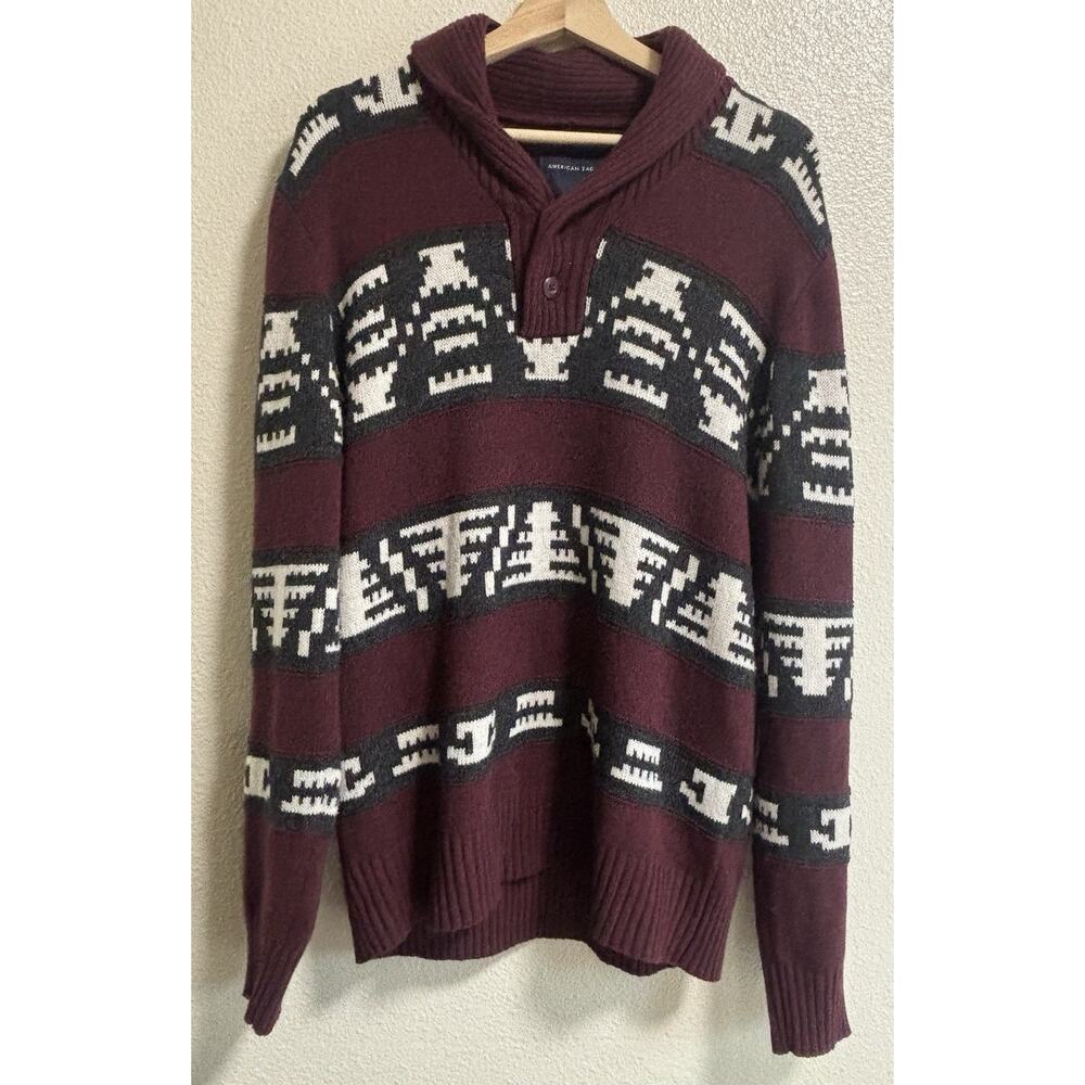 American Eagle Men's Aztec Tribal Sweater Size Large Maroon Fisherman Mock Neck